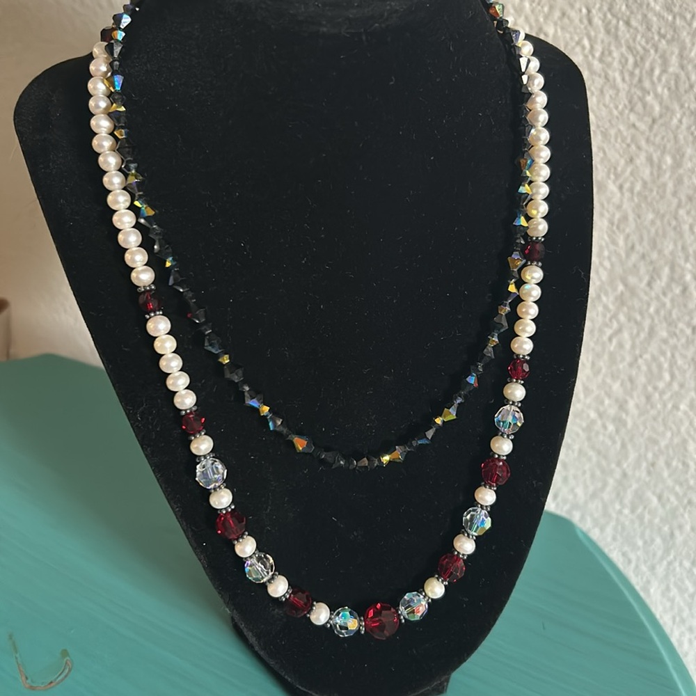Handcrafted 2-Piece White Pearl Mixed Faceted Aurora Glass Bead Necklace Set